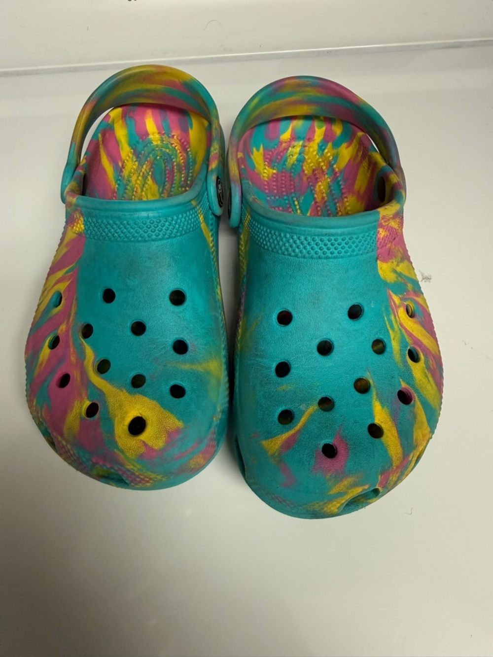 CROCS Kids Tie-Dye Turquoise Pink Yellow Clogs
